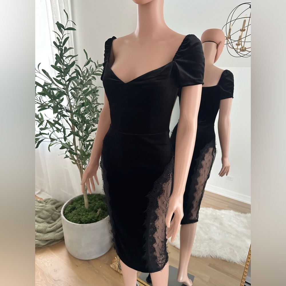 Black Stretch Velvet Lace‎ Sweetheart Neck Velvet Bodycon Dress Size S